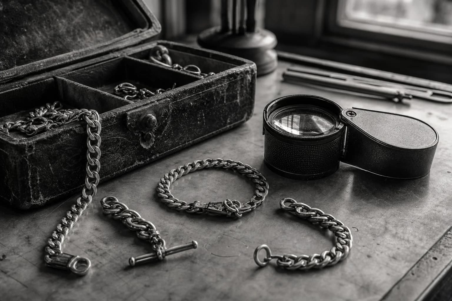 A jeweller's workbench with vintage gold pieces