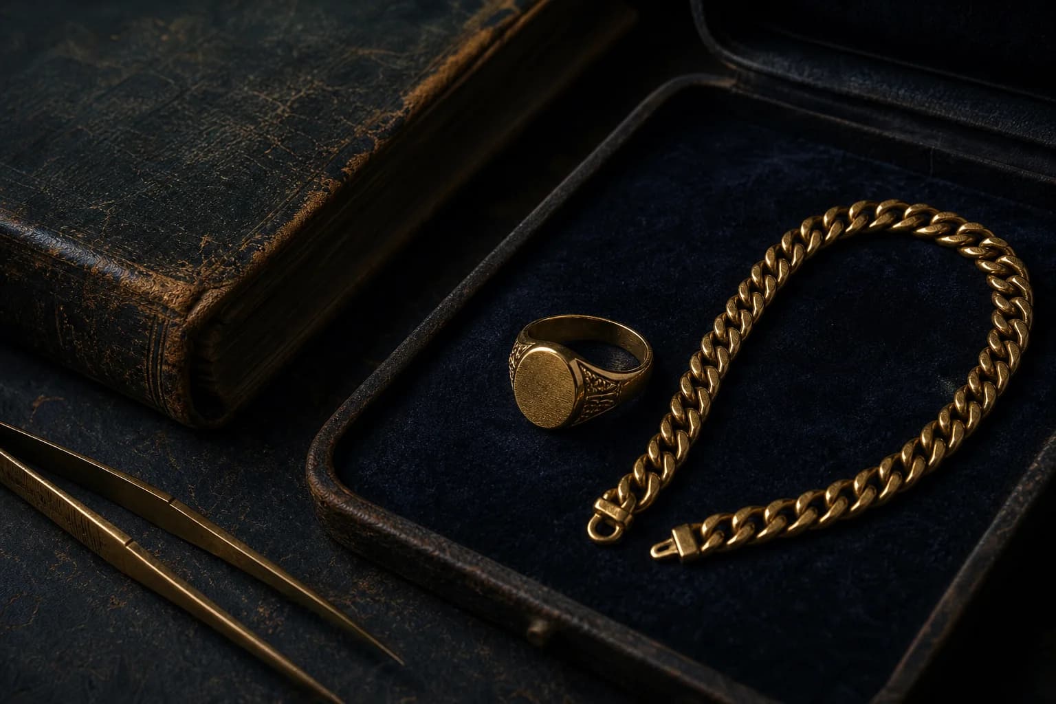 Vintage gold chain and signet ring on a navy jeweller's tray