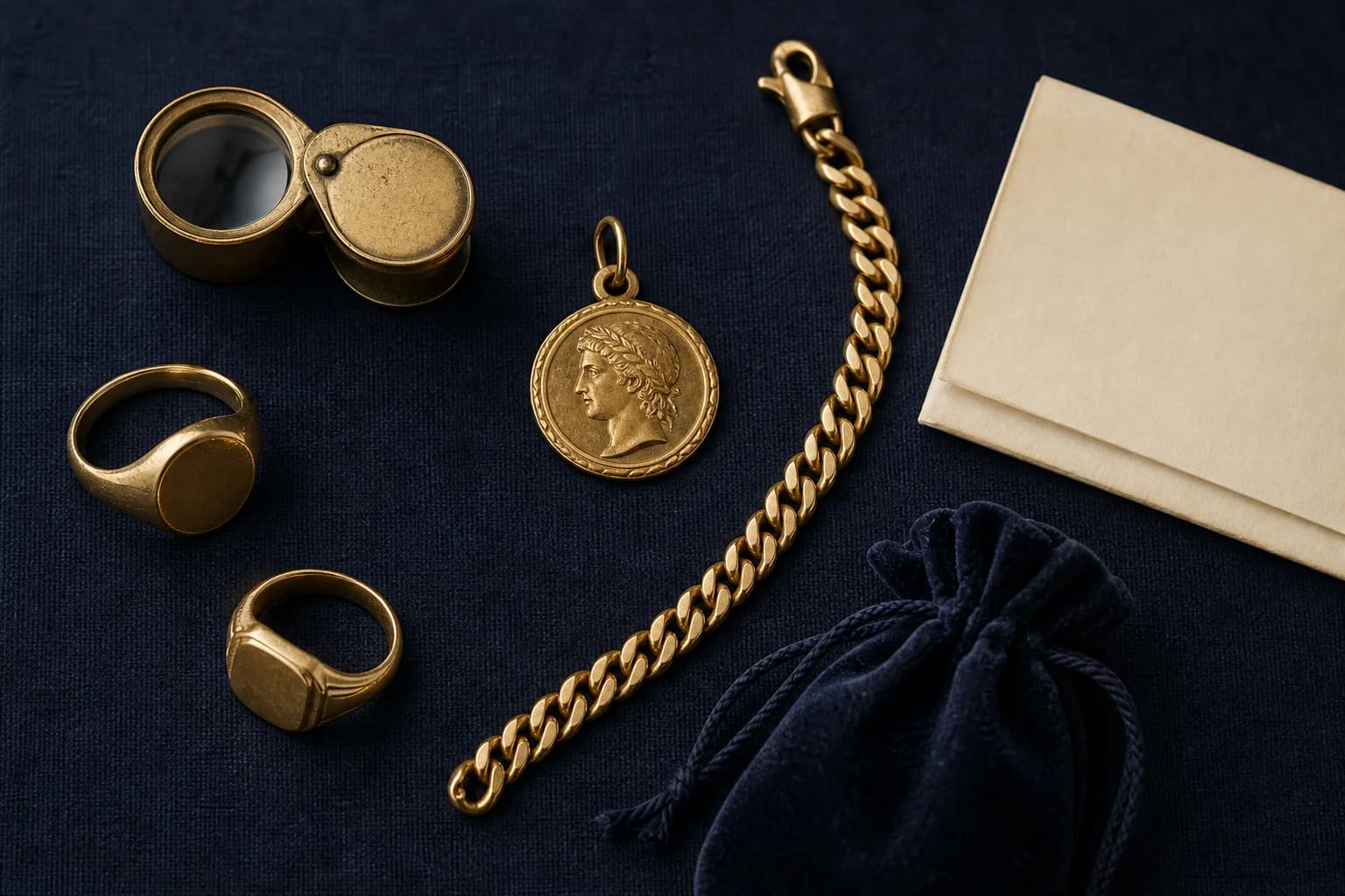 Vintage solid gold chains, rings and a pendant laid out on dark navy linen