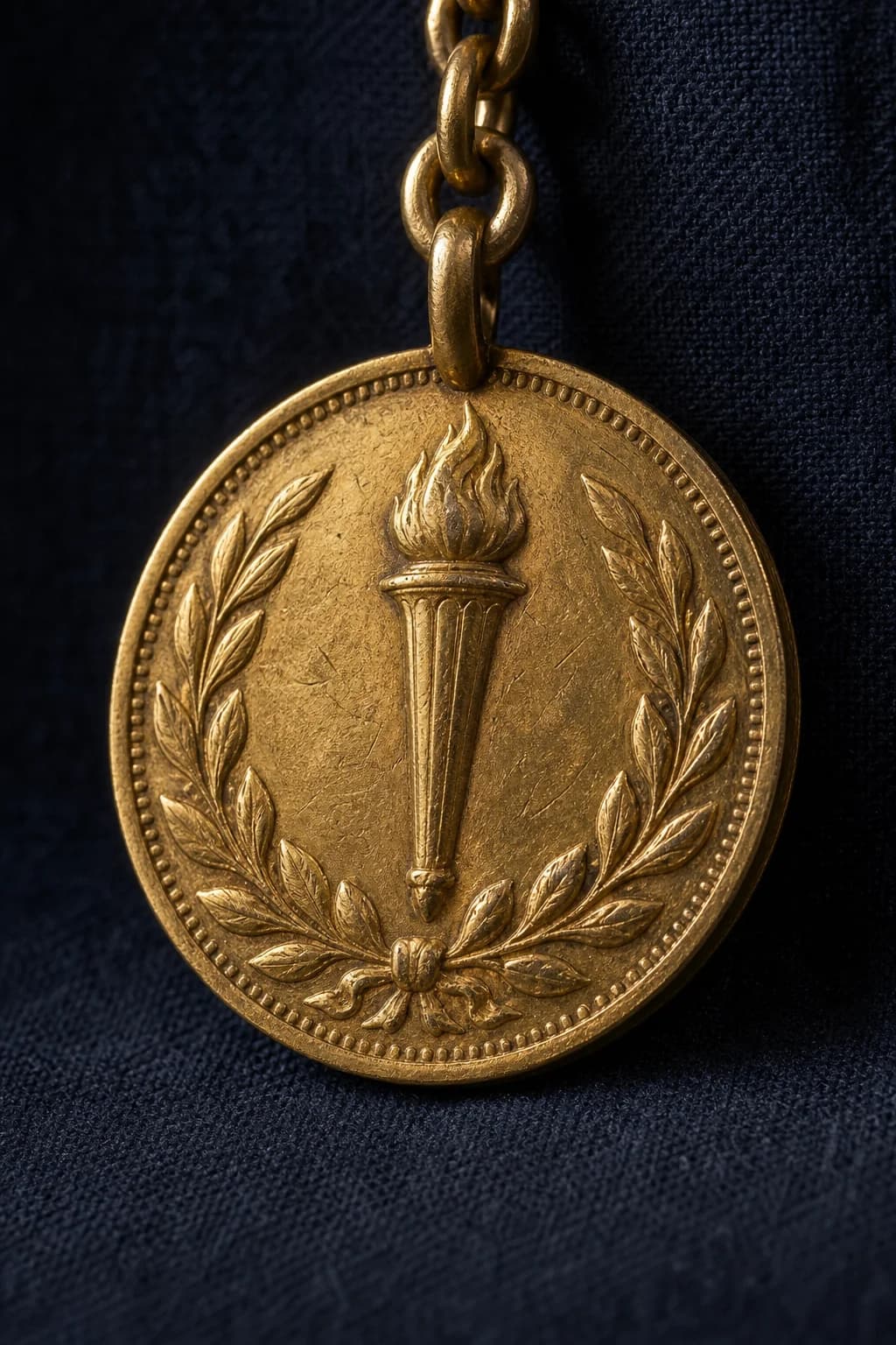 A heavy vintage gold medal pendant against dark navy fabric