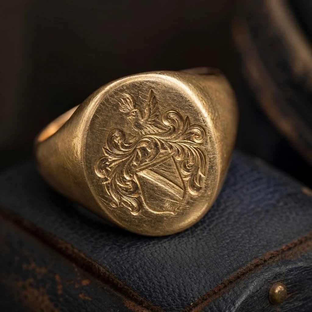 A worn vintage gold signet ring with a hand-engraved crest