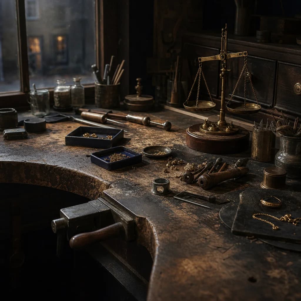 An old jeweller's workbench with hand tools and a brass scale