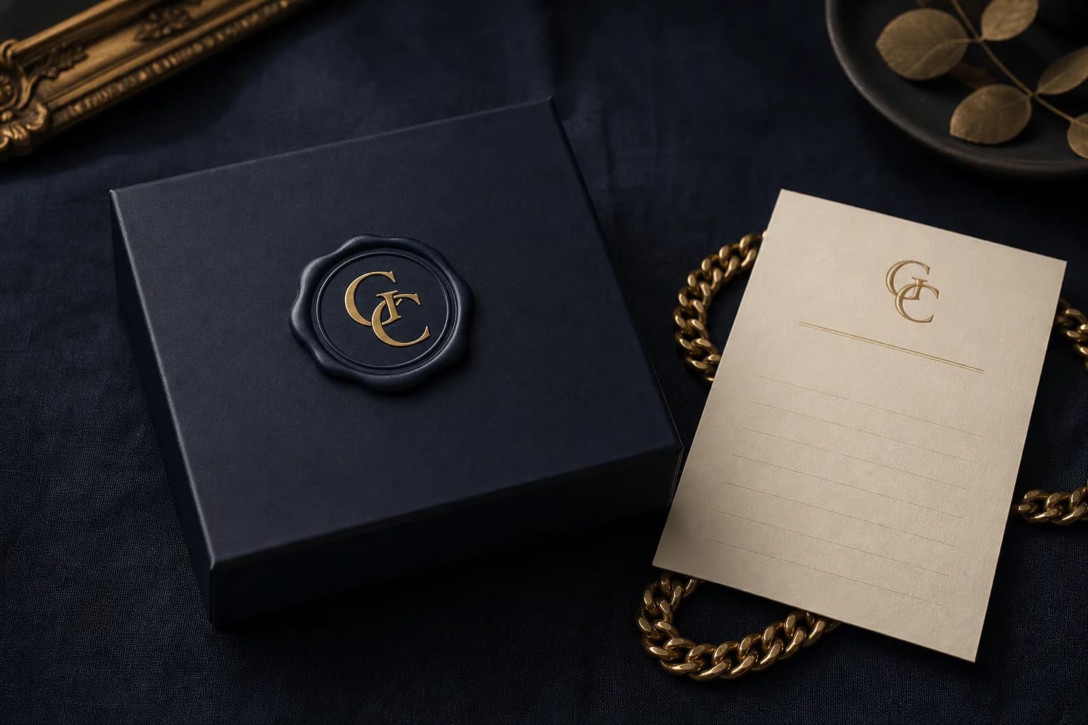 A navy Gold Club box closed with the navy and gold wax seal, beside a cream provenance card carrying the GC monogram